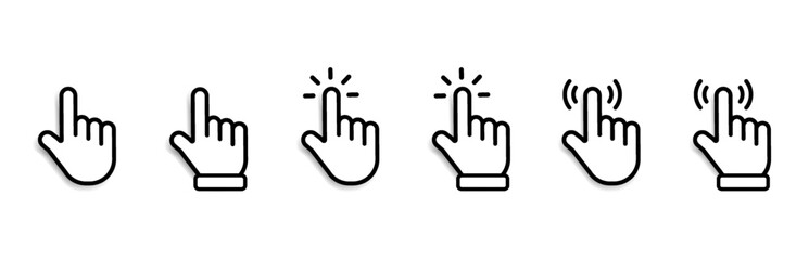 Mouse click cursor set. Hand Cursor. Click icon. Mouse pointer set. Arrow cursor. Pointer click icon. Clicking cursor, pointing hand clicks and waiting loading icons. Website arrows or hand icon.