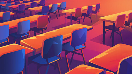 Modern classroom with colorful desks and chairs at sunset in a vibrant, empty educational setting