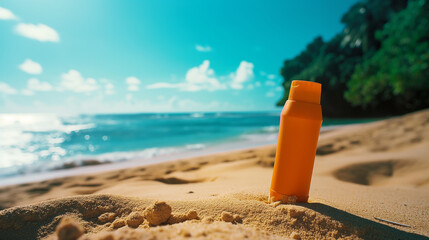 Sunscreen bottle on a beach with ocean waves and sunshine, representing a summer holiday