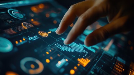 Obraz premium Businessman touching on digital screen with stock market graph and chart background,