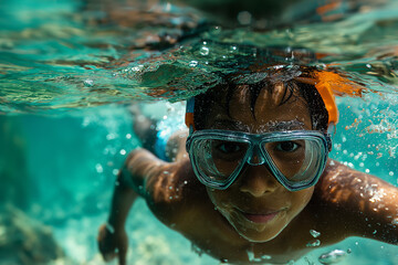 Fototapeta premium Boy swimming underwater with goggles having fun snorkeling in the ocean during summer