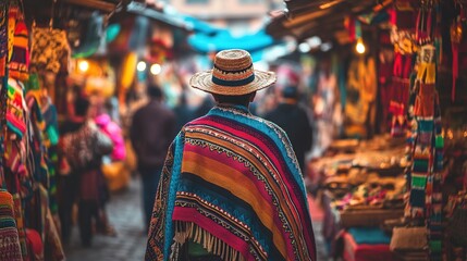 A man in a Bolivian chullo and poncho, walking through a village market during a local festival