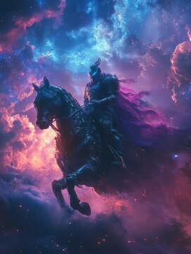Knight riding a horse through cosmic landscape