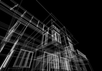 Architectural sketch of a building 3d rendering