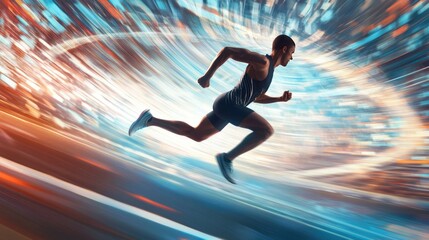 High-detailed image of a runner sprinting through a finish line arch, capturing the moment of triumph
