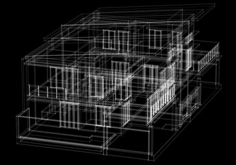 Architectural sketch of a building 3d rendering