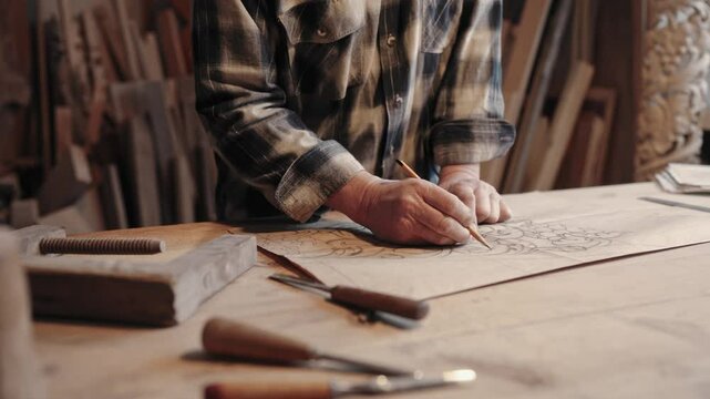 Hands of older Caucasian man drawing beautiful design for furniture piece. Working with wood. Male operating on large table in personal studio. Wood maker preparing for new model.