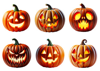 set of halloween pumpkins with different emotions isolated on transparent background