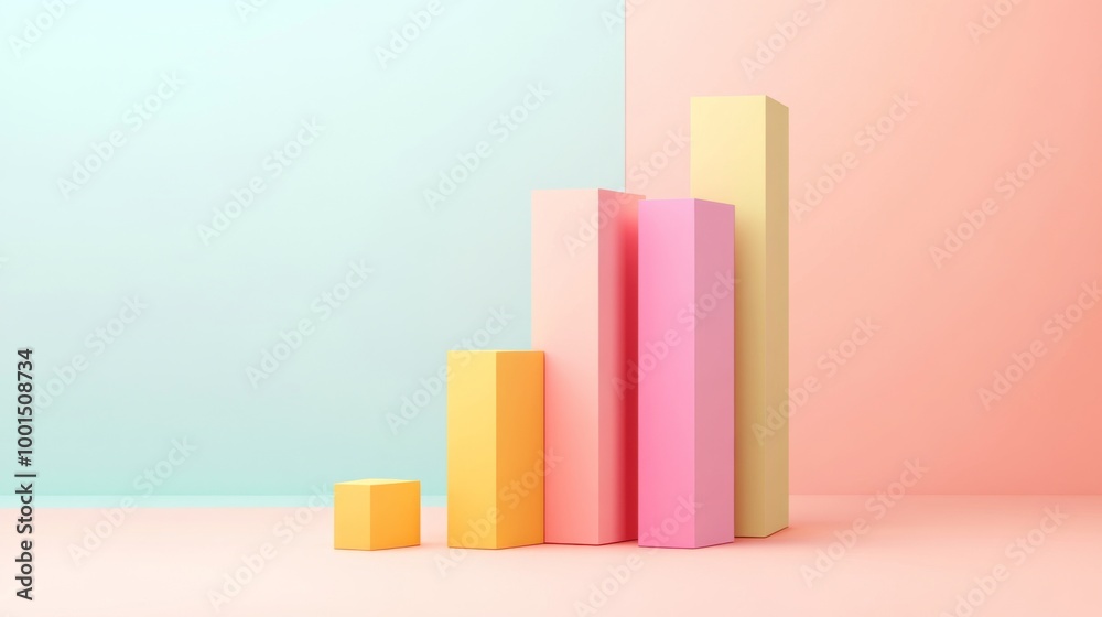 Fototapete a minimalist 3d bar graph with pastel-colored bars rising from a flat surface, with subtle shadows a