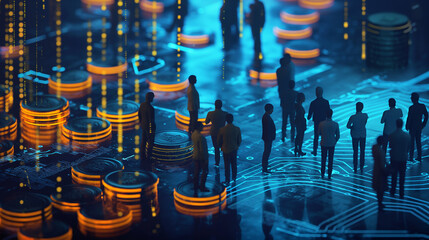 People exploring futuristic technology in a digital blockchain network with virtual innovation