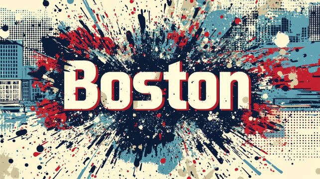 Dynamic "Boston" typography in bold red, white, and blue, surrounded by explosive paint splatter and abstract city skyline elements in the background. AI generative.