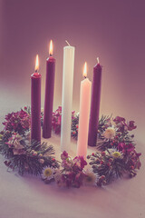 advent decoration, wreath with 5 candles, pink, purple and white colors, isolated, 3 three candles...