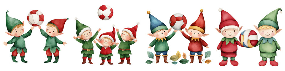 Colorful elves celebrating in a festive, whimsical style on a white background.