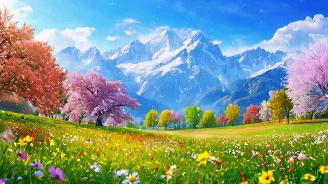 strong gusts of wind flowing meadow, flowers and grass sway dramatically. clouds rapidly sky, towering Alps background dynamic energetic scene, 4k lofi Hand-drawn Anime-style Landscape Animation Video
