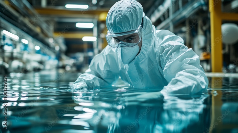 Poster a man in a white lab coat is in a pool of water