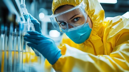 A woman in a yellow lab coat is wearing a mask and gloves