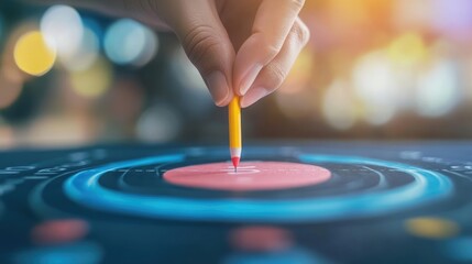 Modern desk with a hand placing markers on a business target chart, representing goal-oriented progress