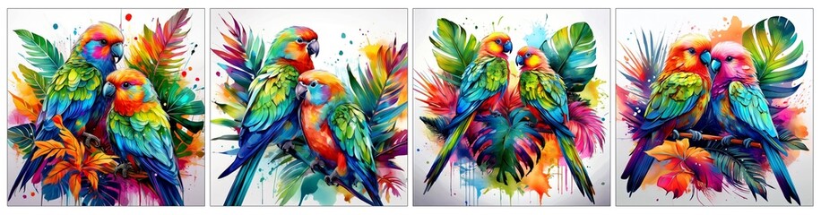 Obraz premium Bunte Papageie und Wellensittiche Aquarell Abbildung