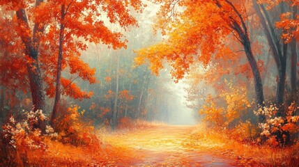 Autumn forest path with vibrant orange and red leaves and a soft, glowing mist. Autumn wallpaper background