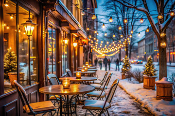 Cozy caf&eacute; terrace with lights and snow during winter holiday season