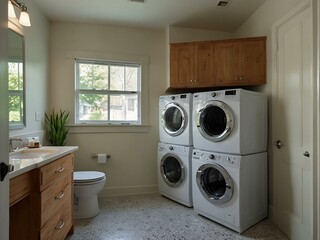 Bathroom featuring a white washer and dryer.