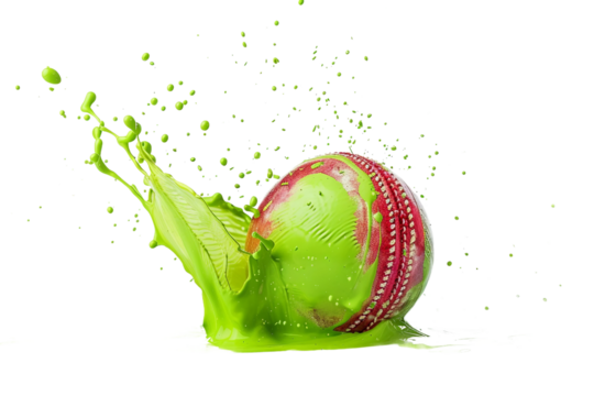 Creative imagery of a cricket ball surrounded by a lime green paint splash isolated on transparent background