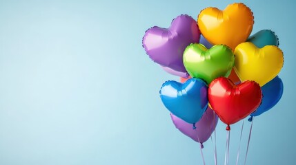 Colorful heart-shaped balloons on blue background