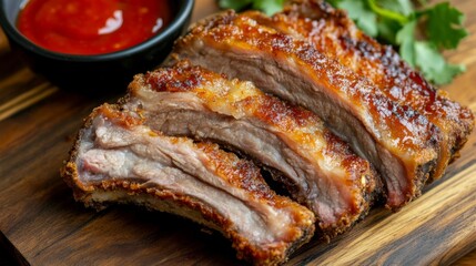 A mouthwatering close-up of juicy fried pork ribs, showing the crispy exterior and tender meat inside, placed on a wooden board with a side of spicy dipping sauce.