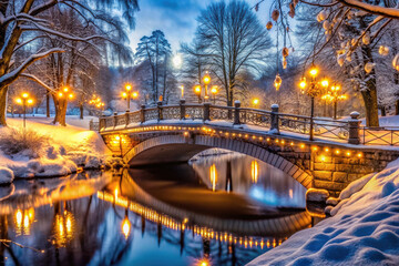 Picturesque snow-covered bridge with Christmas lights reflecting on river