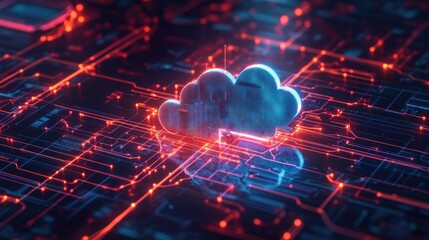 Modern tech graphic with a prominent cloud logo surrounded by glowing digital connections and data streams