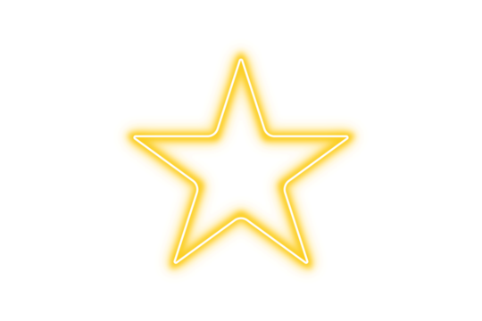 Glowing neon star shape isolated on transparent background. Yellow light neon star sign. Futuristic star neon light shape. Shine star frame. Glow shape for design and decoration. PNG