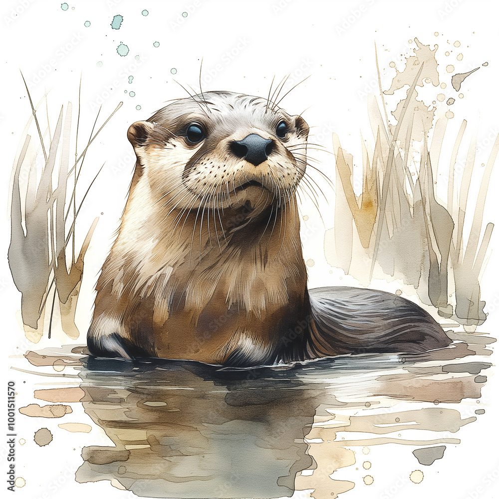 Wall mural Cute otter with brown fur and whiskers in water, painted portrait of aquatic mammal in nature