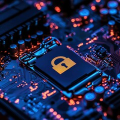 Fototapeta premium Closeup of a computer motherboard with a digital padlock symbolizing secure login and encrypted connection Bluetoned lighting, overlay of verified credentials, wideangle banner