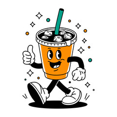 Cute whimsical cartoon coffee cup went out for a walk, vector single image