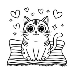 Vector coloring page of cat is sitting on a blanket with hearts surrounding it, hand drawn illustration