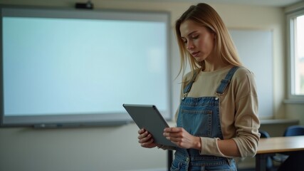 Fototapeta premium Young woman using tablet thoughtfully in bright classroom