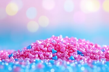 Obraz premium Sparkling pink sugar crystals with blue accents on colorful background