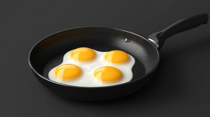 A non-stick frying pan with eggs frying perfectly in the center, with the golden yolks standing out against the black pan surface.