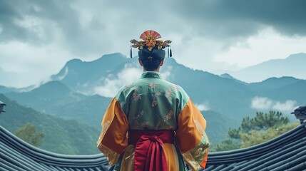 A man dressed in a traditional Taiwanese hanbok, standing in a serene mountain temple with misty peaks in the background.