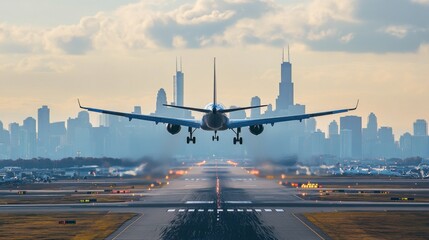 Fototapeta na wymiar A passenger plane taking off from a busy airport, seen from a distance, with the city skyline in the background and the excitement of a new adventure ahead.