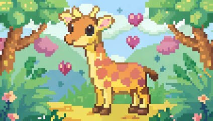 Cute Pixel Art Giraffe in a Colorful Heart Filled Garden