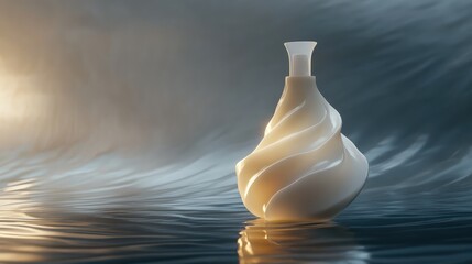 A luxurious 3D depiction of a frosted shampoo bottle with flowing liquid forms, set on a reflective surface with soft lighting accents