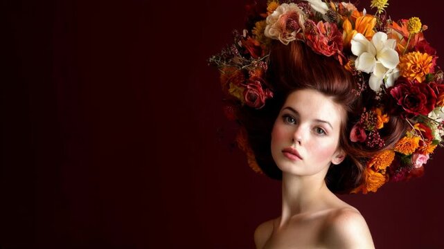 A model adorned with a vibrant floral headdress elegantly turns her head, showcasing the artistry of her hairstyle and the beauty of her surroundings.