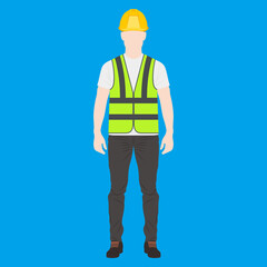 Man of engineer or construction worker stand with green safety vest, shirt, shoes, and long pants. Isolated vector illustration. Cartoon character design. Mandatory personal protective equipment.