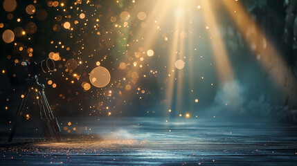 Camera on tripod in the forest with bokeh lights, sparkles, and sunbeams creating a dreamy atmosphere