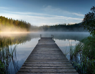 Obraz premium Wooden jetty extending over a misty lake at dawn with lush greenery in the background