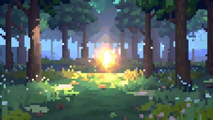 Pixel Art Forest with Glowing Light in Tranquil Dawn Setting