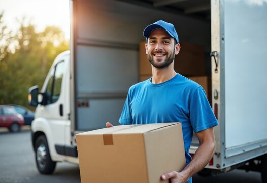 Young Delivery Person with Cardboard Box in Front of Van for Logistics Imagery