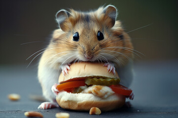 Adorable hamster holding a tiny burger with cheese and pickles, the cute furry pet enjoying a sandwich