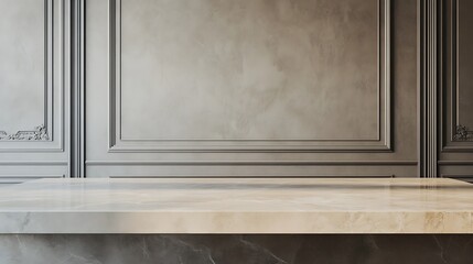 Beige tabletop on classic wall panels background. Empty concrete countertop for cosmetics, drinks and food presentation. Clean marble desk for advertising design, 